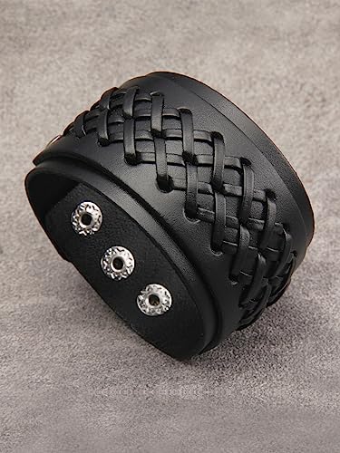Jeilwiy Punk Leather Wristbands for Men Bracelets Handmade Wide Cuff Bangle Braided Jewelry Black Brown Adjustable - Punk Father's Gifts - color: Handmade Leather Bracelet