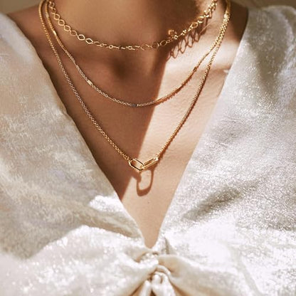 Evabelle Gold Layered Necklace for Women Trendy Jewelry 14K Real Gold Plated Chunky Chain Stackable Necklaces Dainty Choker Necklaces Rectangle Square Pendant - color: Gold Necklace 05