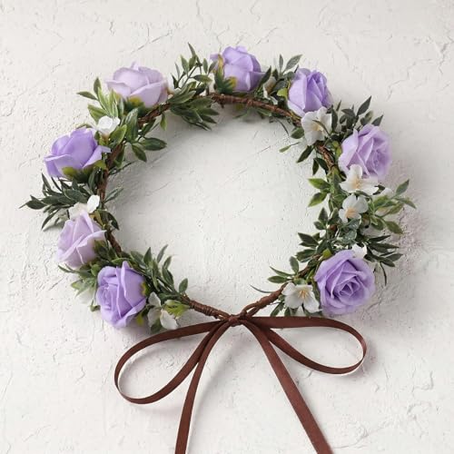 Fairy Purple Flower Crown Headband, Boho Rose Floral Headpiece | Artificial, Adjustable Fairy Woodland Headbands, Women Maternity Wedding Renaissance Festival Birthday Party Accessories - color: White-purple