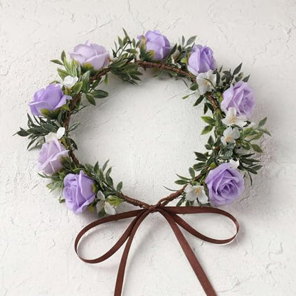 Fairy Purple Flower Crown Headband, Boho Rose Floral Headpiece | Artificial, Adjustable Fairy Woodland Headbands, Women Maternity Wedding Renaissance Festival Birthday Party Accessories - color: White-purple