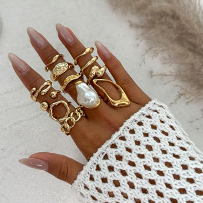 Chunky Gold Rings for Women Gold Baroque Pearl Rings Open Adjustable Pearl Ring Stacking Knuckles Rings Set Boho Prom Costume Fashion Jewelry for Women 2026 - style: Style1
