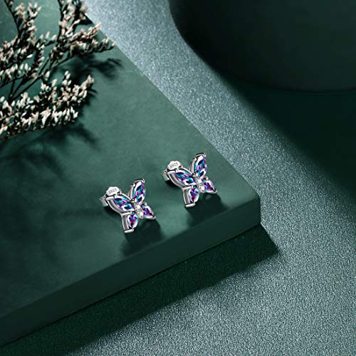 925 Sterling Silver Birthstone Butterfly Jewelry Women Crystal Animal Cute Butterflies Birthday Necklace/Earring/Ring/Bracelet Sets Birth Stone Statement Anniversary Jewellery - color: 1-M.Mysitc-Rainbow-Topaz