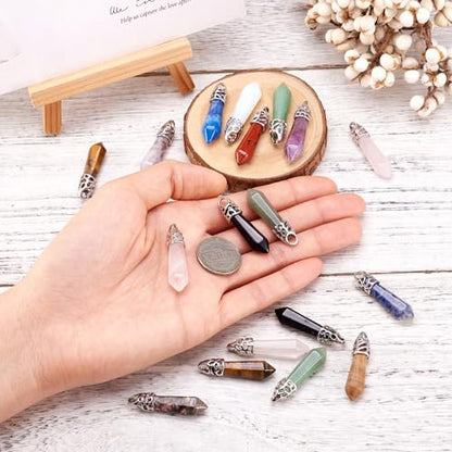 20Pcs Bullet Shape Gemstone Pendants Natural & Synthetic Random Mixed Hexagonal Chakra Crystal Pointed Quartz Charm with Platinum Alloy Loop 33~40x8~9mm for Necklace Earring Bracelet Making - color: 3-Mixed Color-Bullet