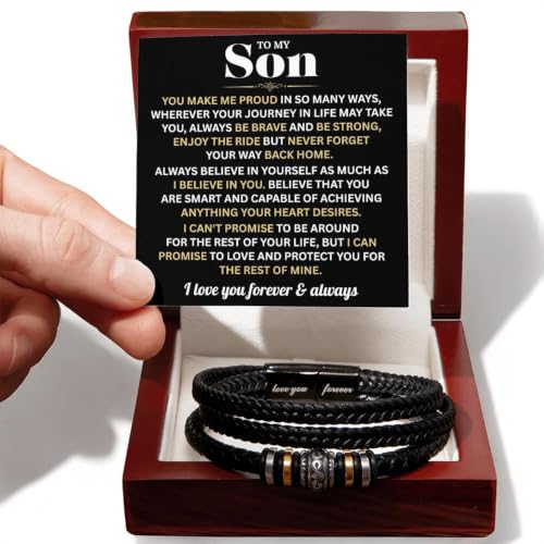 To My Son Bracelet FromMom and Dad with Heartfelt Message Card, Meaningful Love You Forever Braided Vegan Leather Mens Bracelet | Birthday, Valentines, Graduation Gifts From Parents, Leather Bracelet