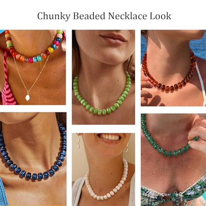 Beaded necklace for Women Boho Bead Gemstone Chunky Necklace Big Bead Necklace Fashion Trendy Summer Necklaces Jewelry Gifts - color: Olive Green Beaded