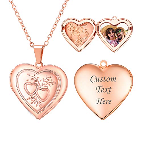 U7 Women Locket Necklace, Heart Photo Lockets Hold Picture, Gift Box Packed | Gold/Silver/Rose Locket Charm, Custom Picture and Engravement Heart Pendant, 20" Chain, Personalized Gift for Mom Wife Friend - color: 03# Rose Gold*2 Heart