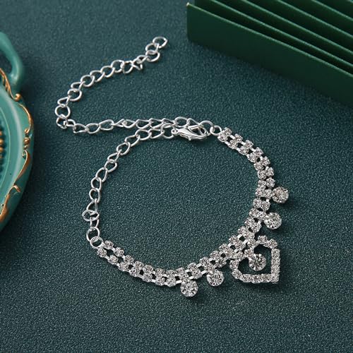 Fesciory Silver Ankle Bracelets for Women, Adjustable Rhinestone Pendant Tennis Anklet, Butterfly Heart Infinite Diamond Summer Beach Foot Chain Jewelry Gifts - style: Hollow Heart