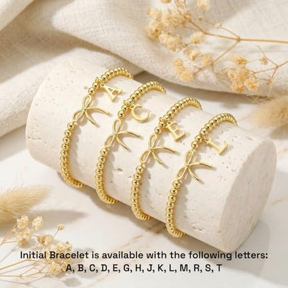 Letter A-Z Bracelets for Women Teen - Inital Beaded Bracelet with Bowknot Charm, Dainty Stretch Stackable Bracelet, Trendy Jewelry Gifts for Birthday Easter Basket Stuffers - style: Gold: S