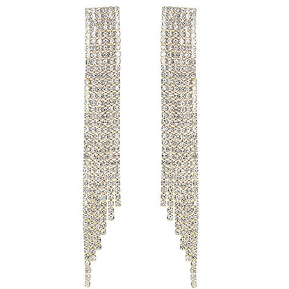 Silver Rhinestone Crystal Bridal Chandelier Long Tassels Dangle Earrings for Wedding - color: A-gold earring