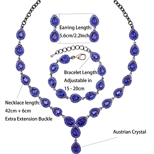 Austrian Crystal Rhinestone Necklace Dangle Earrings Link Bracelet Jewelry Set for Brides Bridesmaid Prom Costume Accessories for Women - color: Blue-Gun Black