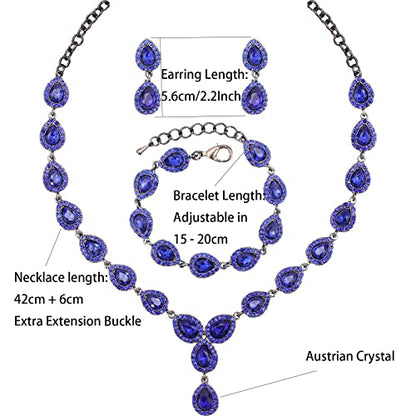 Austrian Crystal Rhinestone Necklace Dangle Earrings Link Bracelet Jewelry Set for Brides Bridesmaid Prom Costume Accessories for Women - color: Blue-Gun Black