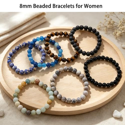 COLOYAN 7 Pcs 8mm Natural Stone Beaded Healing Crystal Bracelets for Women | Durable Handmade Stretch Bracelets, Multiple Styles,Semi-Precious Gemstones Reiki Spiritual Jewelry Gift Meditation Yoga - color: A