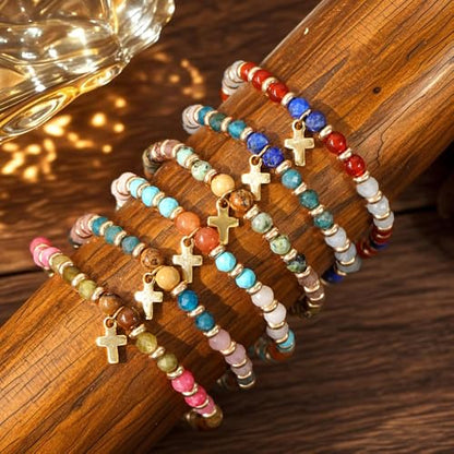 Christian Colorful Natural Gemstones Stone Seed Beaded Bracelets for women Men, Handmade Gold Cross Healing Crystal Jewelry, Lucky Amulet Faith Daily Party Friendship Holiday Gift - color: Blue Celestite