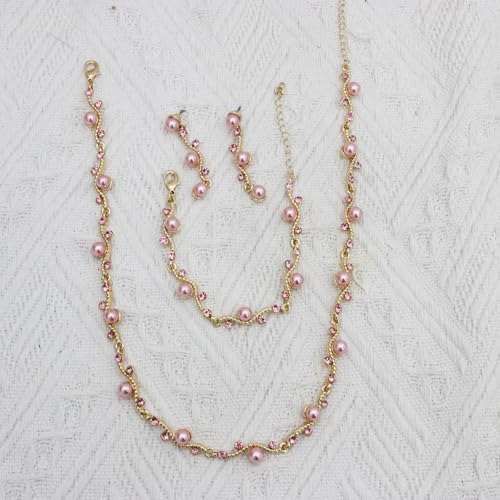 Bridal Pearl Choker Necklace Earrings Bracelet Wedding Crystal Jewelry Set for Women Brides Bridesmaid Prom - color: Pink-Gold Plated