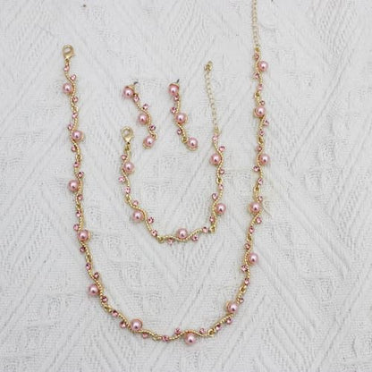 Bridal Pearl Choker Necklace Earrings Bracelet Wedding Crystal Jewelry Set for Women Brides Bridesmaid Prom - color: Pink-Gold Plated