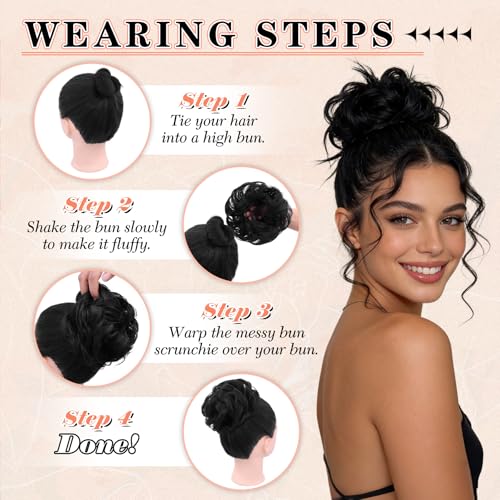 2PCS Messy Bun Hair Pieces Synthetic Hairpieces For Women | Messy Bun and Donut Bun in one set for natural-looking volume and elegant updos for every occasion. - color: Light Brown with Blonde Highlights