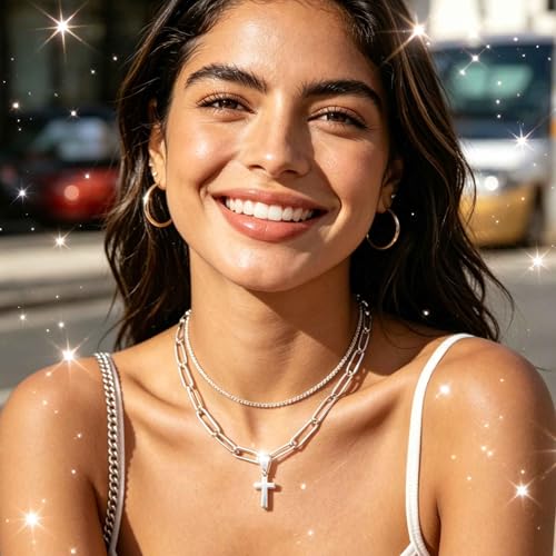 Layered Plated Silver Cross Necklace Sparkle Chain Dainty Jewelry for Women - color: B-Style
