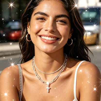 Layered Plated Silver Cross Necklace Sparkle Chain Dainty Jewelry for Women - color: B-Style