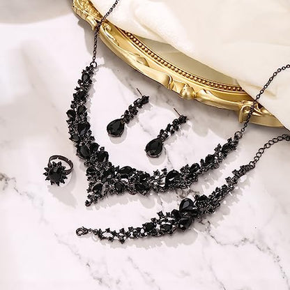 Wedding Bridal Jewelry Set for Women Bride Bridesmaids | Gorgeous Austrian Crystal Teardrop Cluster Statement Necklace Dangle Earrings Link Bracelet Set Prom Jewellery - color: 4Pcs-Black