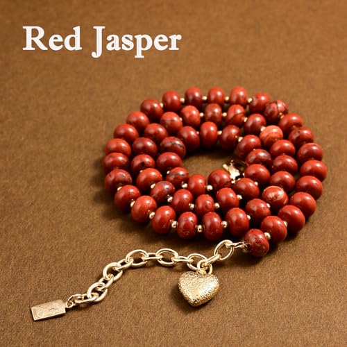 Boho Gemstone Beaded Necklace for Women – Colorful Natural Stone Choker 18K Solid Heart-Shaped Pendant, Summer Beach Jewelry - color: Red Jasper