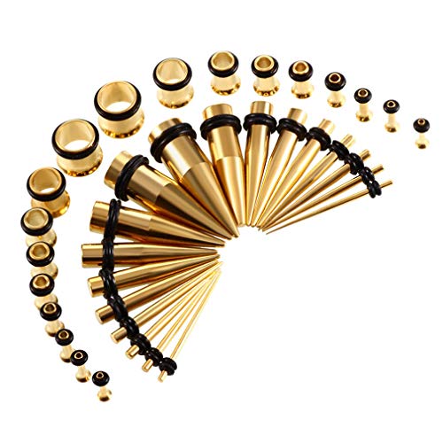 36pcs Ear Stretching Kit 14G-00G Surgical Steel Tapers Tunnels Gauges Set for Starter Women and Men Expanders Body Piercing Jewelry - color: Goldtone