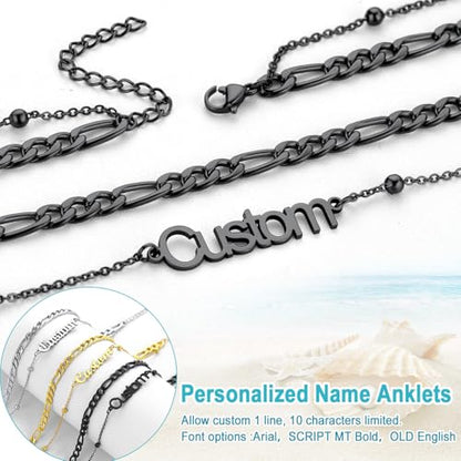 U7 Custom Layered Ankle Bracelets for Women Stainless Steel Bead/Cuban/Figaro/Rope/Wheat Chain Anklet Waterproof Anklet Jewelry for Beach Vacation - color: c-Black-Figaro Chain