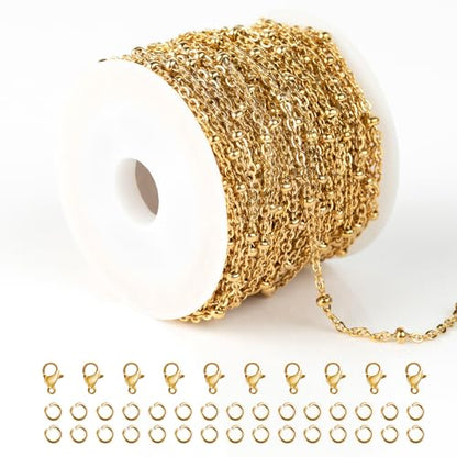 10M Beaded Cable Link Chains for Jewelry Making Stainless Jewelry Findings | PVD Gold Plated Stainless Steel Chains Bulk with Lobster Clasps for Handcrafts DIY Jewelry Making Supplies - color: Cross Bead Gold