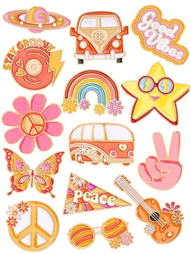 JUNEBRUSHS 28pcs Hippie Enamel Brooch Pins Groovy Retro Butterfly Daisy Flower Ribbon Lapel Pins for Women Girl Clothes Bags Groovy Hippie 60s 70s Party Decorations Accessories - style: Hippie Style
