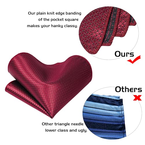 5PCS Mens Silk Tie, Pocket Square, Cufflinks, Drilled Tie Ring and Lapel Pin Set for Wedding Groom Party - color: Burgungy Tie Set -234