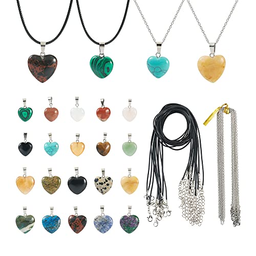 FASHEWELRY 20pcs Stone Heart Charms for Necklaces Mixed Crystal Heart Pendants & 10pcs 304 Stainless Steel Cross Necklace & 10pcs Waxed Cord Necklace for DIY Jewelry Making - color: 1-Mixed Color-Heart-with Cord