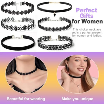 6 Pcs Black Lace Choker Set for Women Girls Goth Gothic Punk Jewelry Velvet Tattoo Cross Necklaces Emo Grunge Accessories