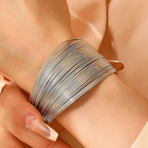 Layered Wire Open Cuff Bracelets for Women Chunky Gold Stacking Statement Bracelets Geometric Lines Minimalist Bangle Trendy Party Wrist Jewelry Gifts - color: Silver