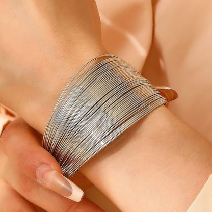 Layered Wire Open Cuff Bracelets for Women Chunky Gold Stacking Statement Bracelets Geometric Lines Minimalist Bangle Trendy Party Wrist Jewelry Gifts - color: Silver