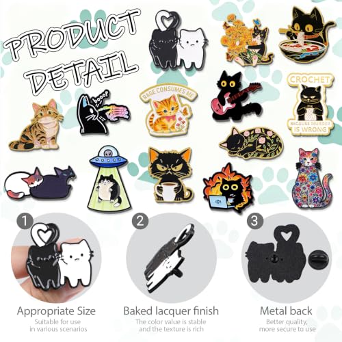 4/6/9/10/12/16/20PCS Cute Enamel Pins Bulk Set, Art Aesthetic Lapel Brooches, Humorous Quote Pins for Backpacks Jackets Hats Bags, Novelty Cool Badges for Women, Men, Teens, Kids - style: 14pcs Cat