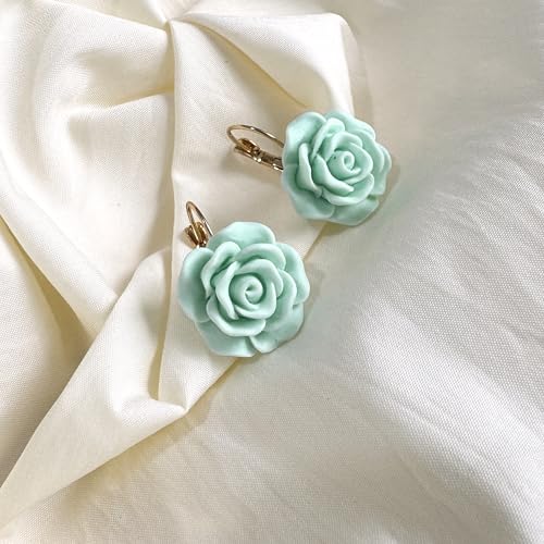 Handmade Bohemian Aesthetic Dainty Acrylic Flower Petal Leverback Earrings Sparkly 14K Gold Floral Dangle Drop Earrings for Women - color: Blue Green