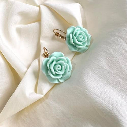 Handmade Bohemian Aesthetic Dainty Acrylic Flower Petal Leverback Earrings Sparkly 14K Gold Floral Dangle Drop Earrings for Women - color: Blue Green