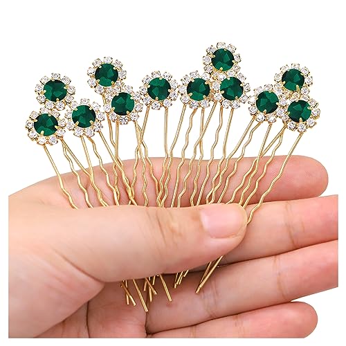 Ammei Crystal Bridal Hair Pins Clips Wedding Hair Accessories Hair Set Jewelry With Rhinestone For Brides and Bridesmaids Set Of 12 (Gold Plated Green) - color: Gold Plated Green