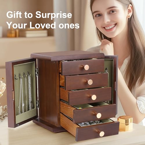 Kendal Wooden Jewelry Box for Women, Wooden Jewelry Organizer, 5-Layer Jewelry Organizer Box with Side Door, Jewelry Holder Organizer for Earrings, Necklaces, Rings