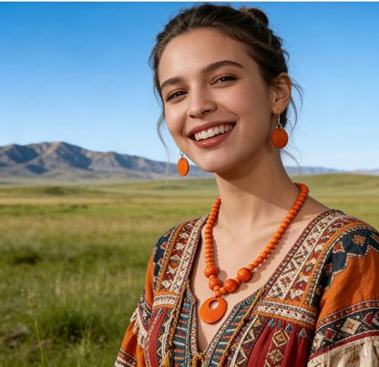 LOTSOF Boho Wooden Beaded Necklace and Earring Set for Women, Bohemian Chunky Statement Costume Jewelry, Round Drop Pendant Retro Ethnic Accessories Ladies Gift - color: Orange