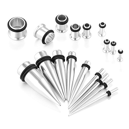 vcmart 14G-00G 36 pcs Ear Gauges Stretching Kit Tapers Plugs Eyelets Implant Grade Steel - color: Silver-tone