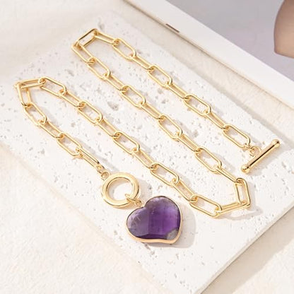 14K Gold Plated Two Sides Carved Stone Heart Shape Necklace for Women Love Pendant Necklace Jewelry for Daily and Gifts - color: Amethyst