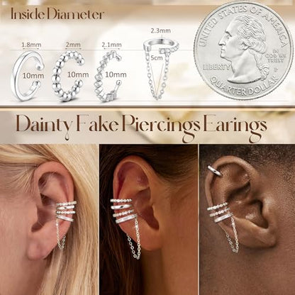 4Pcs Ear Cuffs Non-Piercing for Women Dainty 14K Gold Plated Clip On Cartilage Earrings Hypoallergenic Huggie Hoop Cuffs Fake Earings for Non Pierced Ears - color: Beaded-White Gold Plated