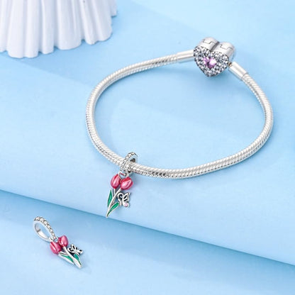 925 Sterling Silver Charm for Bracelet Necklace Women Dangle Pendant Beads | Love Faith Mom Ocean travel Butterfly Party Charm Beads Pendants DIY Jewelry Gift - color: tulip butterfly charm