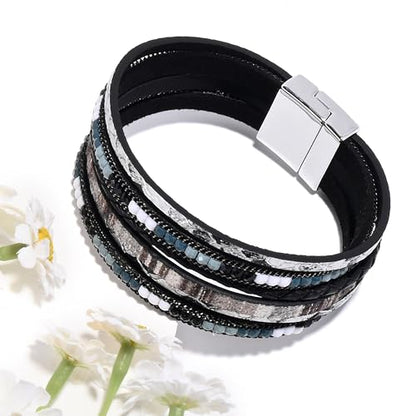 VIBILIA Boho Leather Wrap Bracelets for Women Multi-Layer Bracelets | With Strong Clasp Jewelry for Women - color: 03-BohoBraid-Black