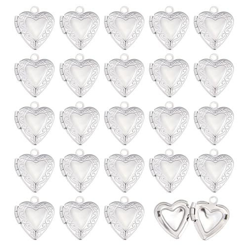 24Pcs Heart Photo Frame Charm 2 Styles Flat Round Stainless Steel Photo Locket Pendants Blank Memory Locket Picture Charms for Necklace Jewelry Making DIY Craft Women Gift - size: 15x13x4.5mm