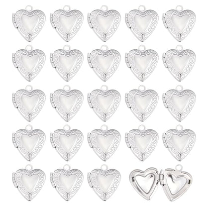 24Pcs Heart Photo Frame Charm 2 Styles Flat Round Stainless Steel Photo Locket Pendants Blank Memory Locket Picture Charms for Necklace Jewelry Making DIY Craft Women Gift - size: 15x13x4.5mm