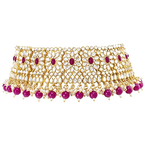 Aheli Faux Pearl Choker Necklace with Earrings Indian Traditional Bollywood Jewelry Set Gift for Women - color: Rani Pink & White