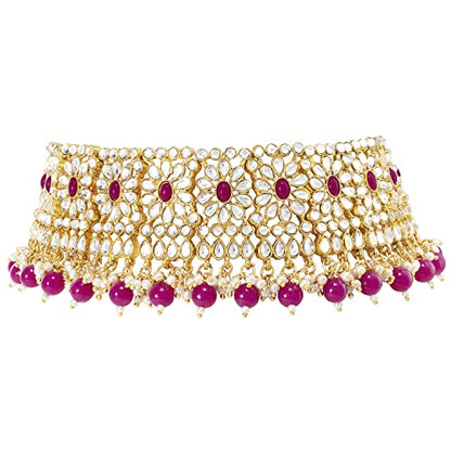 Aheli Faux Pearl Choker Necklace with Earrings Indian Traditional Bollywood Jewelry Set Gift for Women - color: Rani Pink & White