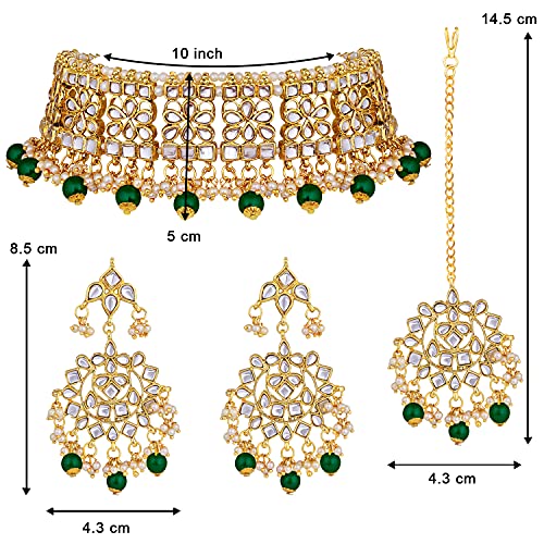Aheli Elegant Indian Faux Kundan Studded Choker Necklace with Maang Tikka Set Ethnic Wedding Wear Bharatanatyam jewellery set Gift for Women - color: Green