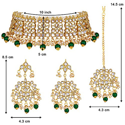 Aheli Elegant Indian Faux Kundan Studded Choker Necklace with Maang Tikka Set Ethnic Wedding Wear Bharatanatyam jewellery set Gift for Women - color: Green